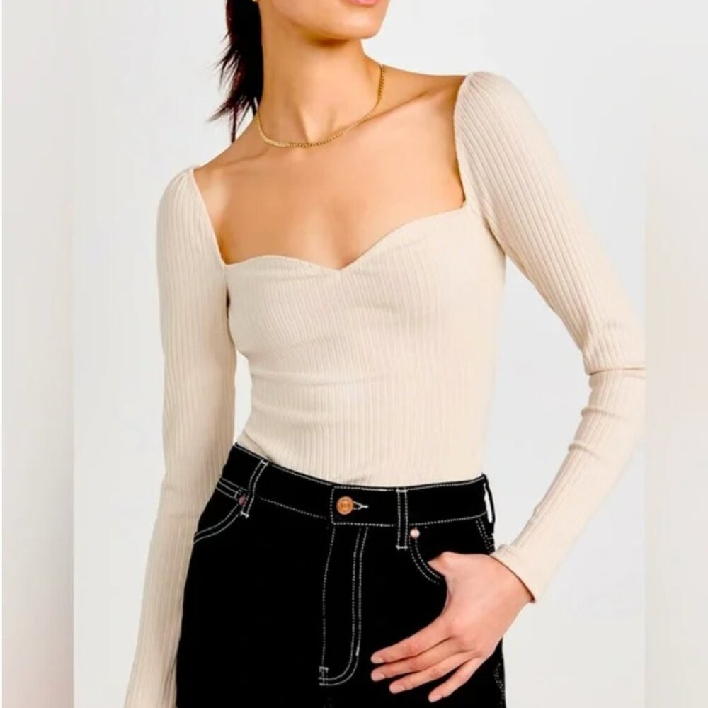 Reformation Ribbed Beige Long-sleeved Shirt